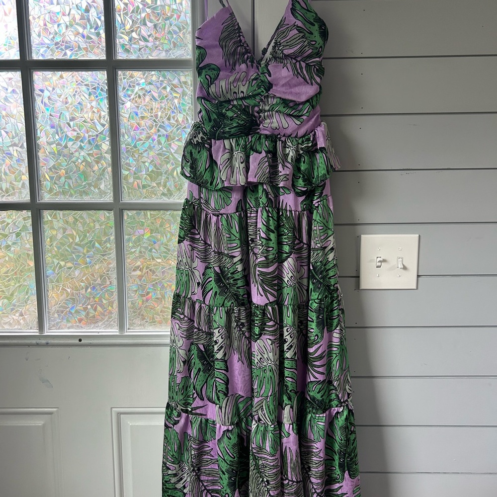 NSR Green and Purple Ruched Plunge Sundress